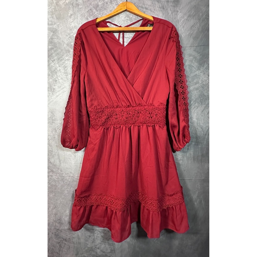 New York & Company Wrap Mini Dress Womens Medium Red Pleated Crinkle Lace Trim